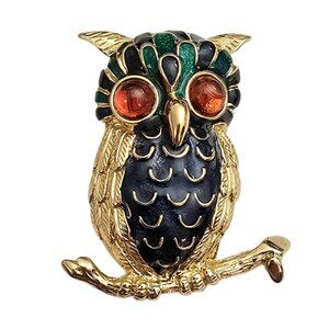 D’Orlan Owl Brooch, Orange Glass Cab Blue Green Enamel Pin Signed, C999